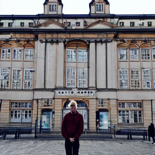 Prompt: a swedish person standing in front of a public building