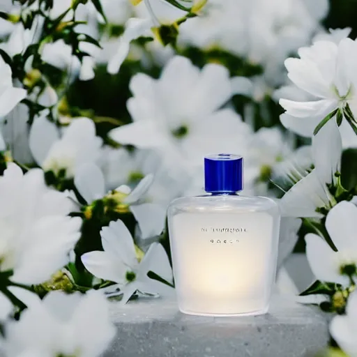 Prompt: centered bright perfume bottle sitting on a white clean surface surrounded by a plethora of white flowers upfront, with dreamy bright blue sky and clouds in the background, softly - lit, soft - warm, zen, light, modern minimalist f 2 0 clean