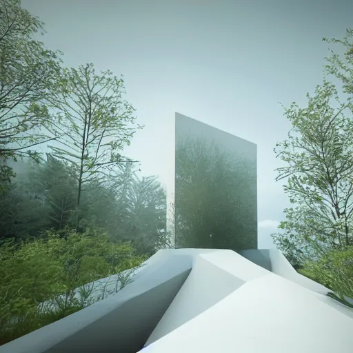 Image similar to minimalist architecture white with nature in back, cinematic lighting, 3 d, unreal engine