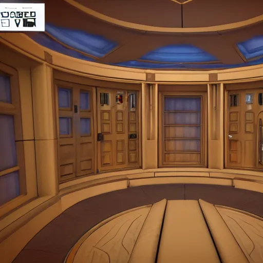 Image similar to the inside of the TARDIS, console and interior, art deco, 3d render, hyper realistic, unreal engine, detailed