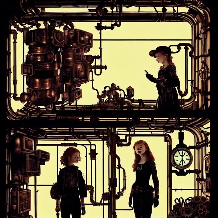 Image similar to sadie sink as a miner inside a minimalist steampunk automated kiosk with options to choose from. scifi cyberpunk. by gabriel hardman, joe alves, chris bonura. cinematic atmosphere, detailed and intricate, perfect anatomy