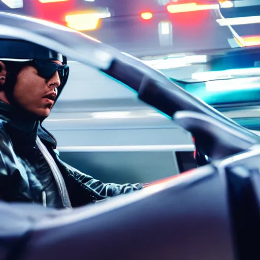 Image similar to film still of futuristic movie. Car chase action scene. Sigma 85mm f/1.2