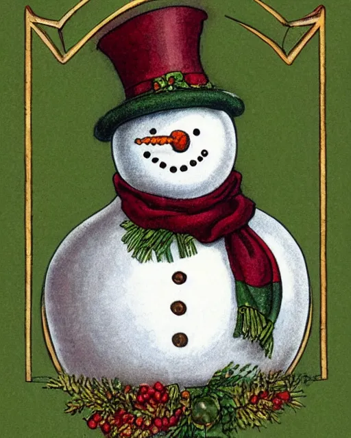 Image similar to traditional victorian snowman illustration greeting card design in maroon and moss green inspired by walter crane, intricately detailed with ultra - hd focus, exquisite, on flat matter crisp paper