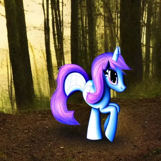 Image similar to photo of real my little pony in the woods feral cryptid