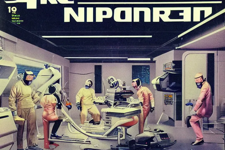 Prompt: 1979 OMNI Magazine Cover depicting a cyberware surgery operating room in a garage Cyberpunk Akira style by Vincent Di Fate