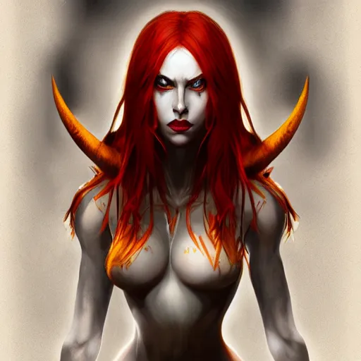 Prompt: pale redheaded demoness with yellow eyes, highly detailed, digital painting, artstation, concept art, matte