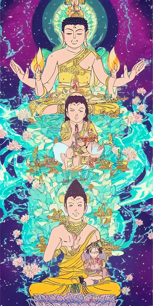 Image similar to buddha sitting on a throne of ice surrounded by lotus flowers drawn by studio trigger, in the style of Little Witch Academia, spiritual enlightenment, tarot card, Tarot card the Hierophant,