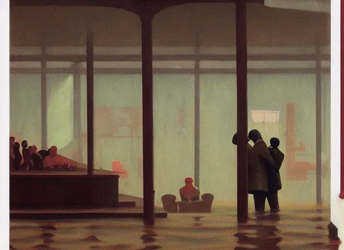 Image similar to spherical people kissing in gas masks at flooded restaurant Edward Hopper and James Gilleard, Zdzislaw Beksinski highly detailed