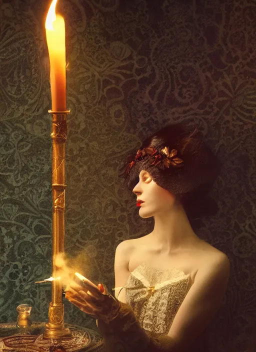 Image similar to woman in a dark room wearing lace smoking a cigarette advertisement photography by mucha, candlelight, pagan, extremely coherent, sharp focus, elegant, render, octane, detailed, award winning photography, masterpiece, rim lit