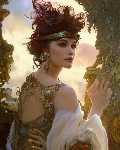 Image similar to a beautiful close up portrait of a sorceress floating on air with elegant looks, flowing robe, ornate and flowing, intricate and soft by ruan jia, tom bagshaw, alphonse mucha, wlop, beautiful roman architectural ruins in the background, epic sky, vray render, artstation, deviantart, pinterest, 5 0 0 px models