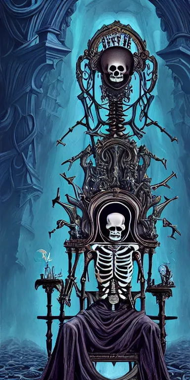 Image similar to a painting of a skeleton sitting on a throne, poster art by Petros Afshar, James Jean, Joe Fenton, Lise Deharme, Anne Stokes, Brian Despain behance contest winner, gothic art, tarot card, apocalypse art, behance hd, macabre poster art, gothic art