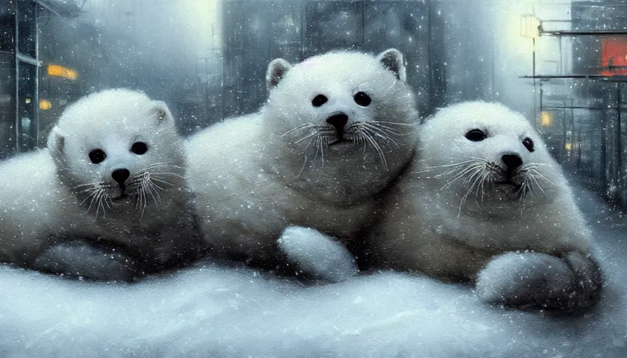 Image similar to highly detailed painting of cute furry white baby seals cuddled up in a cardboard box in a snowy dystopian cyberpunk street by william turner, by greg rutkowski, by marco mazzoni, by maxfield parrish, thick brush strokes and visible paint layers, 4 k resolution, retrowave colour scheme