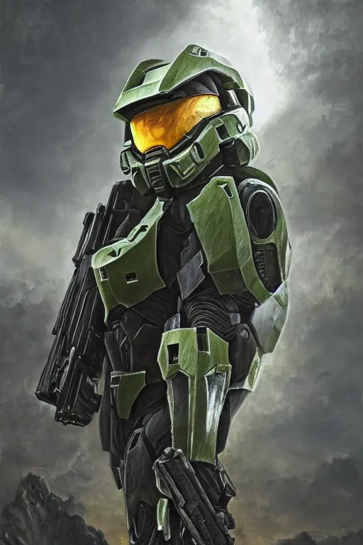 Prompt: master chief from halo 3 hunting easter eggs, oil on canvas, intricate, portrait, 8 k highly professionally detailed, hdr, cgsociety