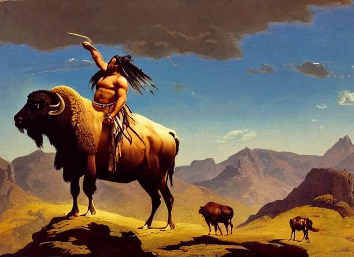 Image similar to native american riding bison, buffalo, native american warrior, mountain range, beautiful sky, standing on the edge of a cliff, 1 9 th century, painted by frazetta