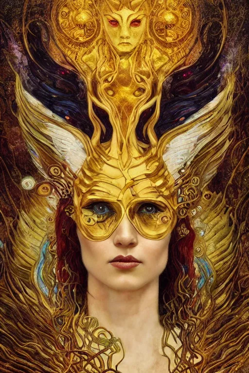 Image similar to Intermittent Chance of Chaos Muse by Karol Bak, Jean Deville, Gustav Klimt, and Vincent Van Gogh, beautiful portrait of Rebirth, Loki's Pet Project, Poe's Angel, Surreality, inspiration, imagination, muse, otherworldly, fractal structures, arcane, ornate gilded medieval icon, third eye, spirals