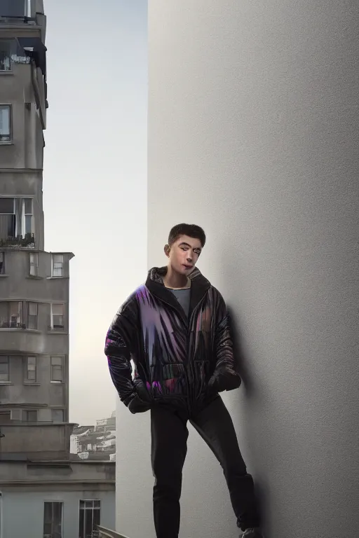Image similar to un ultra high definition studio quality photographic art portrait of a young man standing on the rooftop of a british apartment building wearing opaque soft inflatable padded iridescent refractive utility clothing. three point light. extremely detailed. golden ratio, ray tracing, volumetric light, shallow depth of field. set dressed.