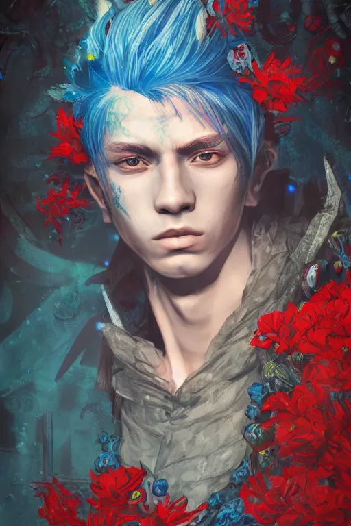 Image similar to portrait of beautiful young man, warhammer, japanic style, more and more cyberpunk, a lot of more scars, more and more flowers, blue head, some red water, the middle ages, highly detailed, artstation, illustration, artgerm sylvari portrait, 8 k quality, art by max ernst