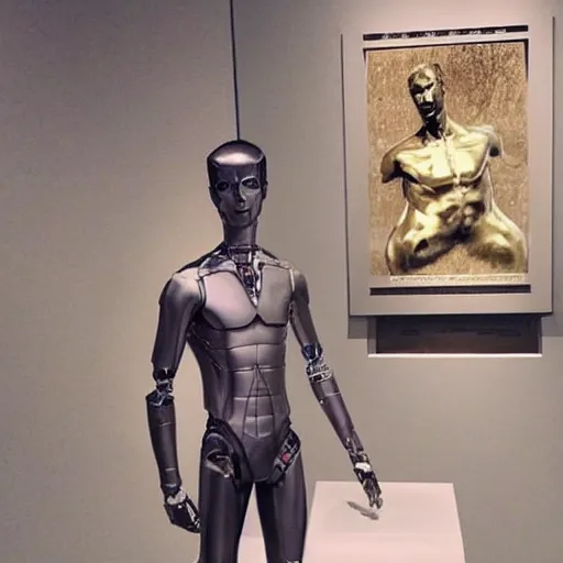 Image similar to “a realistic detailed photo of a guy who is an attractive humanoid who is half robot and half humanoid, who is a male android, actor Grant Gustin, shiny skin, posing like a statue, blank stare, at the museum, on display”