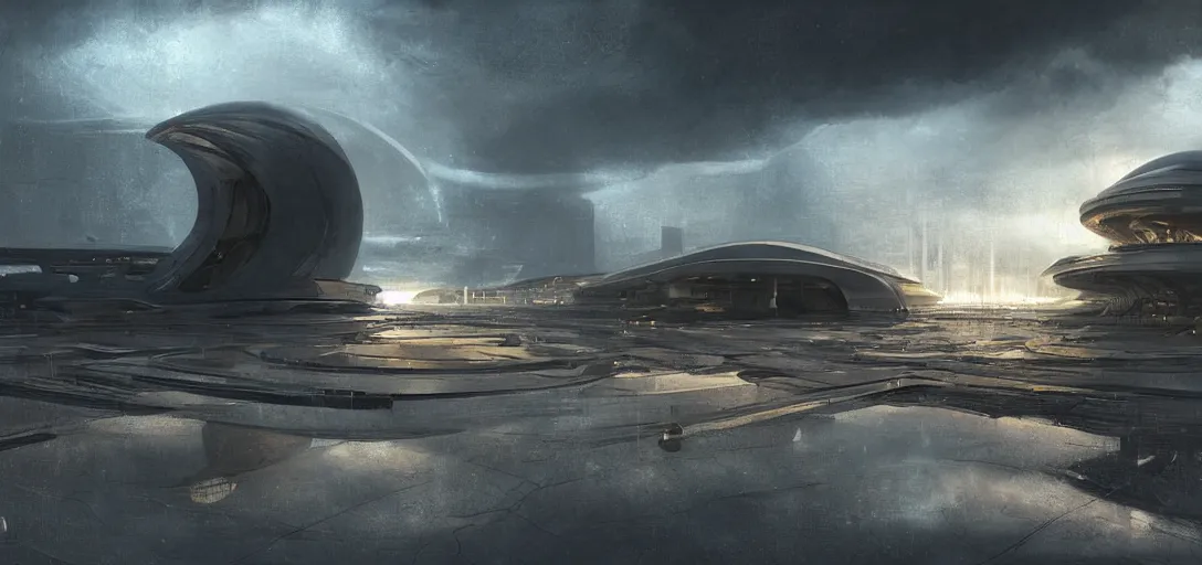 Image similar to futuristic and abandoned landscape of a solarpunk city by oscar niemeyer, brutalism, extreme lighting at dusk, sci fi archs, highly detailed, digital painting, smooth, sharp focus, golden ratio, no humans, illustration, concept art by wlop taras shevchenko ruan jia stephen hickman james gurney hiromasa ogura, stormy weather