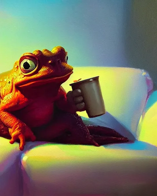 Prompt: hyper realistic oil painting of toad watching pc movie drink coke and chill on the couch, vibrant colors, high contrast, by greg rutkowski, trending on artstation