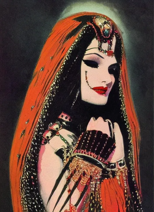 Image similar to female indian vampiress, jeweled veil, heavy mascara, strong line, saturated color, beautiful! coherent! by frank frazetta, high contrast, minimalism