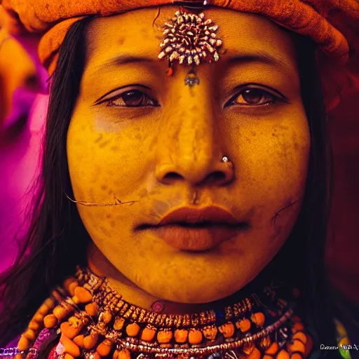 Prompt: realistic exposed expired fuji film portrait of naga sadhu india women at maha kumbh, marigold celestial vibe, hyperrealism, hypermaximalism, photorealistic, detailed, atmospheric, 8 k, award winning photography, cinematic