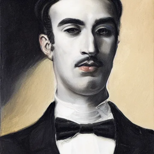 Prompt: a portrait of an emperor, young, olive skin, sharp eyes, sharp nose, black short hair, royal crown, royal cape, black suit, white shirt, black bowtie, determined, oil painting