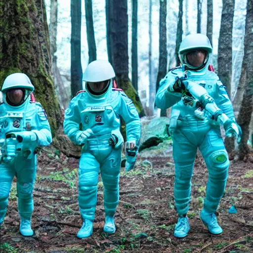 Prompt: a squad of space scouts wearing cyan camo uniforms with white armor and helmets exploring a forest planet