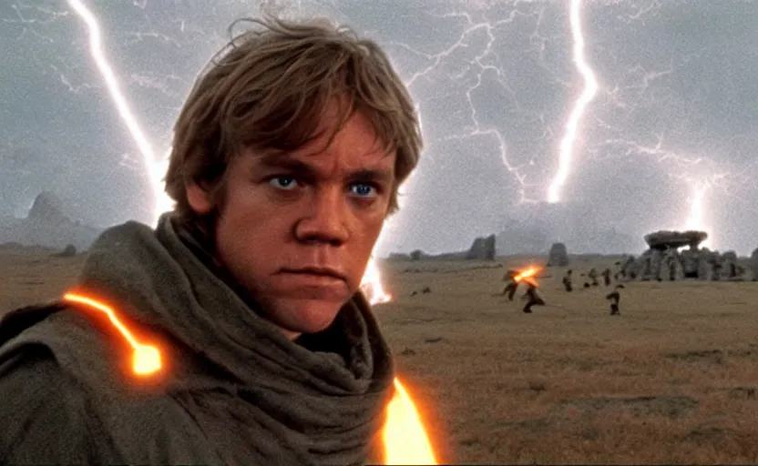 Prompt: screenshot portrait of Luke Skywalker in a windy lightning battlefield with scattered ruins of a fiery jedi rock temple, surrounded by giant AT-AT walkers, with young jedi army behind him, iconic scene from 1970s film by Stanley Kubrick, last jedi, 4k HD, cinematic lighting, beautiful portrait of Mark Hammill, moody scene, stunning cinematography, anamorphic lenses, kodak color film stock