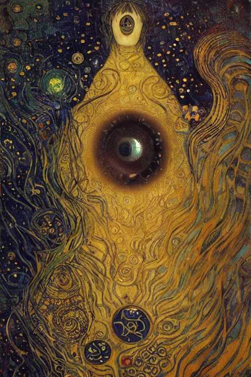 Image similar to The Lost Souvenir by Karol Bak, Jean Deville, Gustav Klimt, and Vincent Van Gogh, mystic eye, otherworldly, vintage well-worn postcard, scenic landscape, fractal structures, arcane, inferno, inscribed runes, infernal relics, ornate gilded medieval icon, third eye, spirals, rich deep moody colors