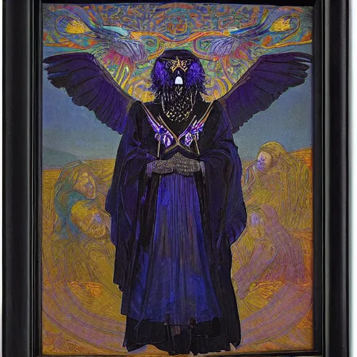 Image similar to coronation of the raven, by Annie Swynnerton and Nicholas Roerich, bioluminescent skin!, elaborate costume, geometric ornament, symbolist, rich colors, dramatic lighting, smooth, sharp focus, extremely detailed