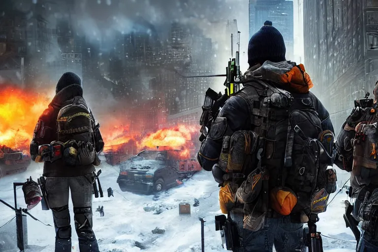 Image similar to close-up portrait of a group of agents from (Tom Clancy's The Division), (snowy new york in background), fires in background, high detail, digital art, matte painting, trending on artstation, by Tom Garden, by Marek Okon