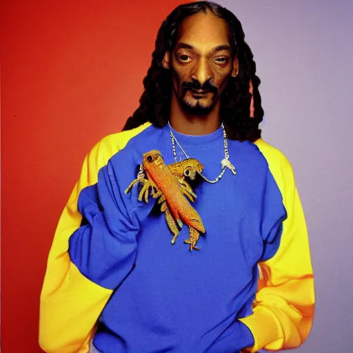 Image similar to Snoop Dogg holding his pet lizard for a 1990s sitcom tv show, Studio Photograph, portrait, C 12.0