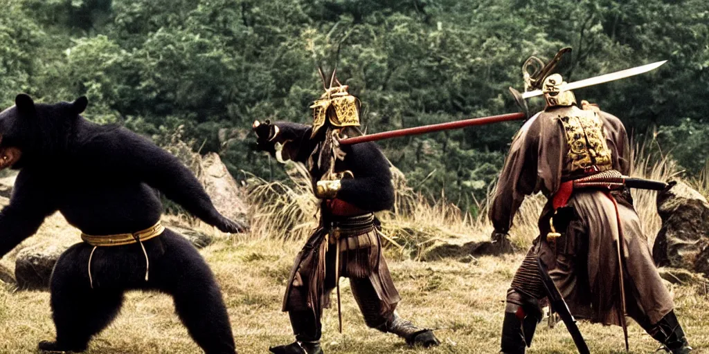 Image similar to scene from Kagemusha, 1980, movie still, cinematic, anthropomorphic, half man half asian black bear, black bear samurai, Moon Bear Samurai, epic, samurai