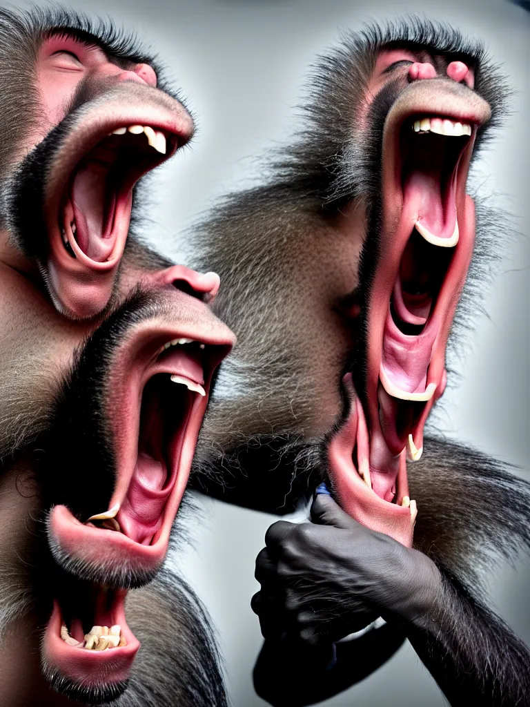 Image similar to a formal portrait photograph of a screaming man transforming into a hairless baboon