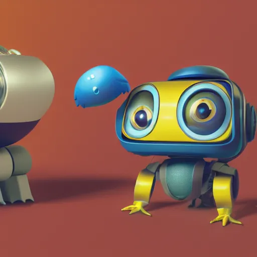 Prompt: two small chubby bots, hyperdetailed colourful, smooth panelling, intricate detail, holding, single eye, style of cute pokemon, rusty arms, antenna, gerbil, floating, white studio, mechanical, cute toy, wall - e, ambient light, in the style of pixar animation, pokedstudios,, blender, octane render, 8 k,