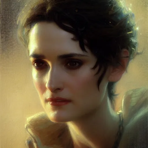 Prompt: portrait of winona ryder. highly detailed painting by gaston bussiere, craig mullins, j. c. leyendecker, close shot, 8 k realistic, cryengine, frostbite 3 engine, sharp focus, trending on pinterest, trending on artstation, trending on deviantart