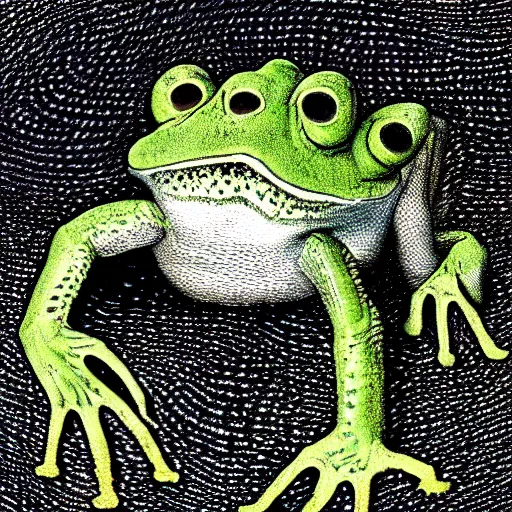 Prompt: closeup of an adorable, eldritch frog abomination of unimaginable horror by h. r. giger and junji ito, speculative evolution, psychedelic illustration, op art
