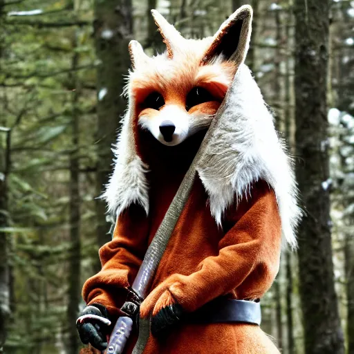 Prompt: a medieval anthropomorphic fox assassin with a fluffy tail in the forest, fursuit