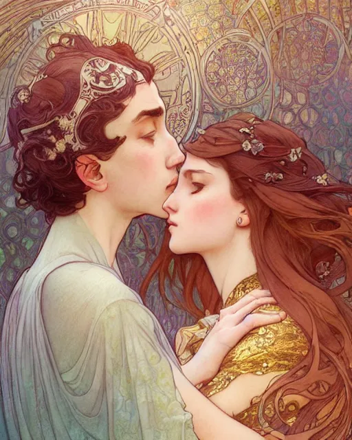Prompt: the kiss | highly detailed | very intricate | art nouveau | gold filigree | romantic storybook fantasy | soft cinematic lighting | award - winning | disney concept art watercolor illustration by mandy jurgens and alphonse mucha and alena aenami | pastel color palette | featured on artstation