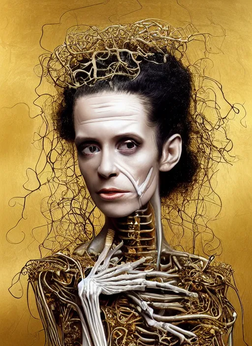 Prompt: ultradetailed medium shot disassembled slimy curly long hair cyborg young woman bride of frankenstein on a table, normal healthy face, beautiful hands, transparent skin, skeleton still life, nervous system, greg rutkowski, peter gric, immerse, 1 9 th, special effects makeup, maximalist, glittering, gold, ivory, hyperreal, golden ratio, alphonse mucha