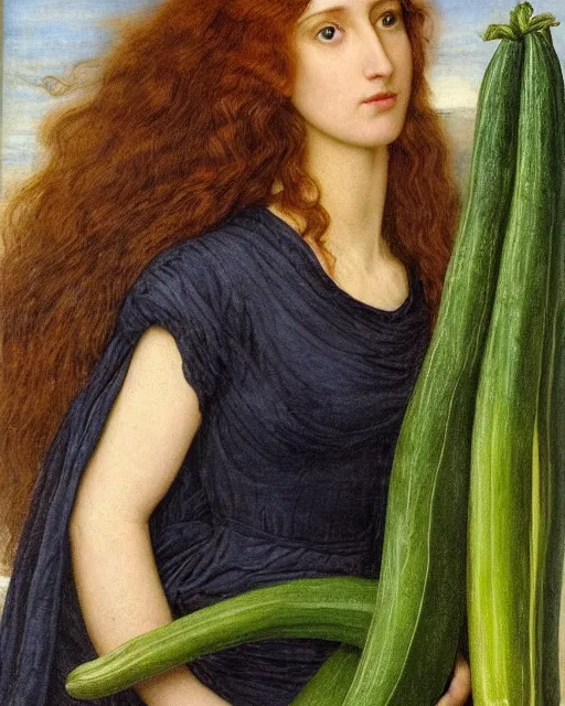 Prompt: Pre-Raphaelite portrait of a young, beautiful woman with blond hair and grey eyes holding a courgette