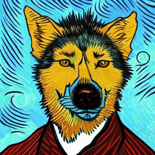 Prompt: retarded wolf portrait, van gogh style, complimentary colors