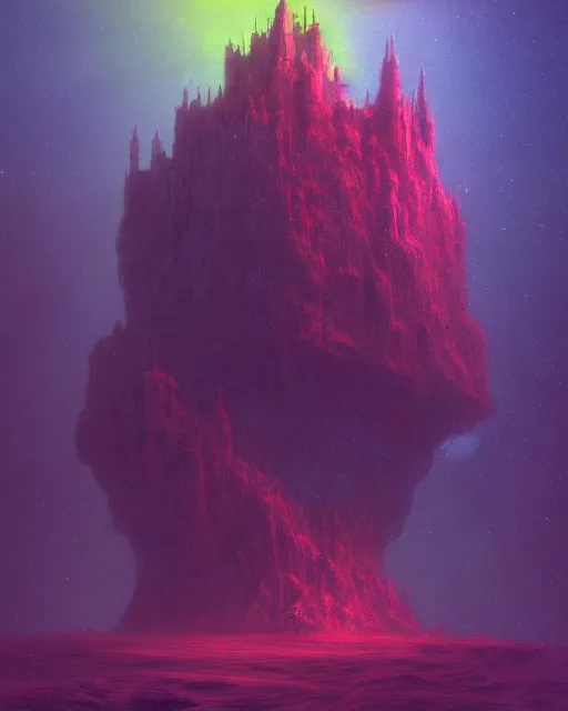 Prompt: a concept matte painting of a singular floating island castle, levitating across space in a misty pearlescent nebula by paul lehr kazumasa uchio situated in a starry expanse of bioluminescent cosmic worlds by beksinski and beeple, flying citadel with towers, trending on artstation