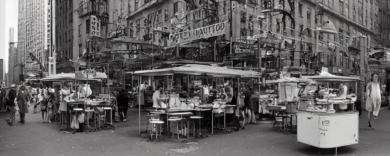 Image similar to spaghetti stand in downtown nyc, kodachrome, in the style of richard avedon, retro