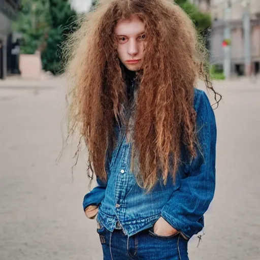 Image similar to teenage girl, long shaggy hair permed hair, double denim, heavy rocker, 2 0 2 2 photograph