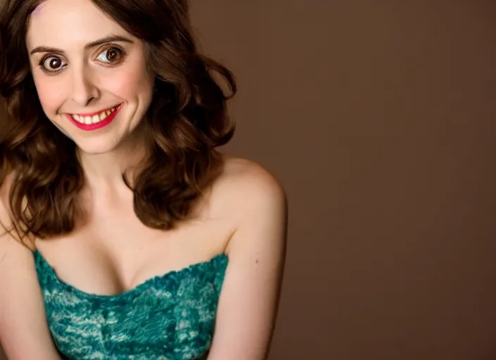 Prompt: a closeup, 4 5 mm, detailed photograph of a woman looking at camera with a seductive smile, alison brie, beautiful low light, 4 5 mm, by franz lanting