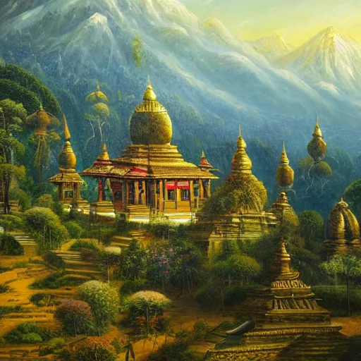 Image similar to a beautiful and highly detailed oil painting of an nepali temple in the kathmandu valley, detailed high buildings and rockets, forgotten valley, swirling mist, lush forests, intricate details, epic scale, insanely complex, 8 k, sharp focus, hyper realism, fantasy landscape, psychedelic, by caspar friedrich,