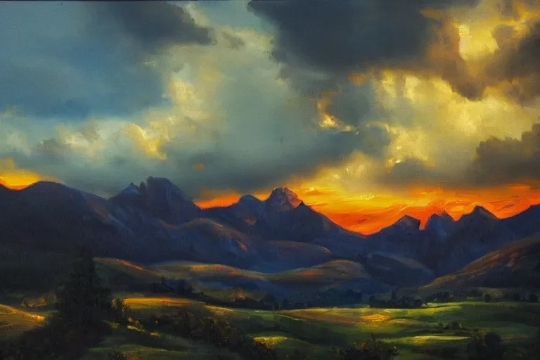 Image similar to a beutiful oil painting of a landscape, dramatic lighting, clouds in the sky, mountains