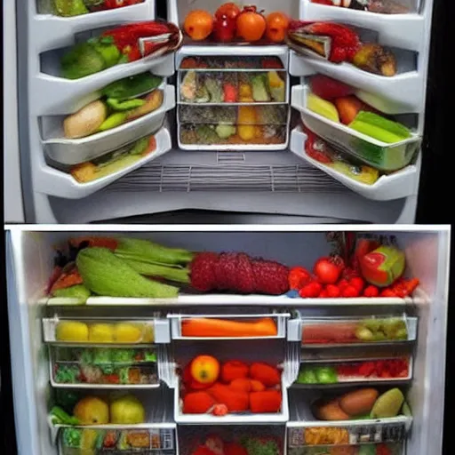 Image similar to war inside a refrigerator fruits and vegetables vs meat and chicken, whoever wins the war stays in the refrigerator mouth